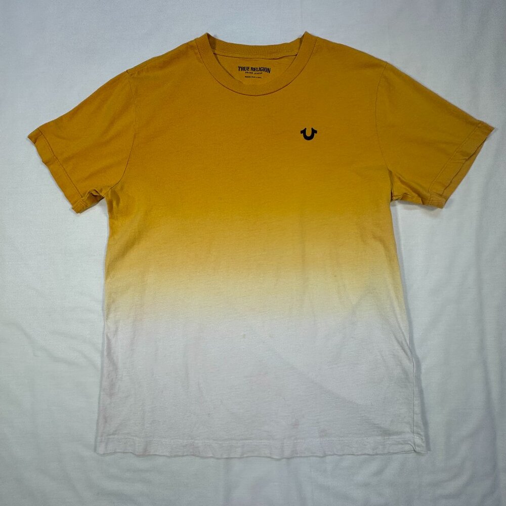 True Religion Shirt Mens Medium Yellow and White with Buddha on Back